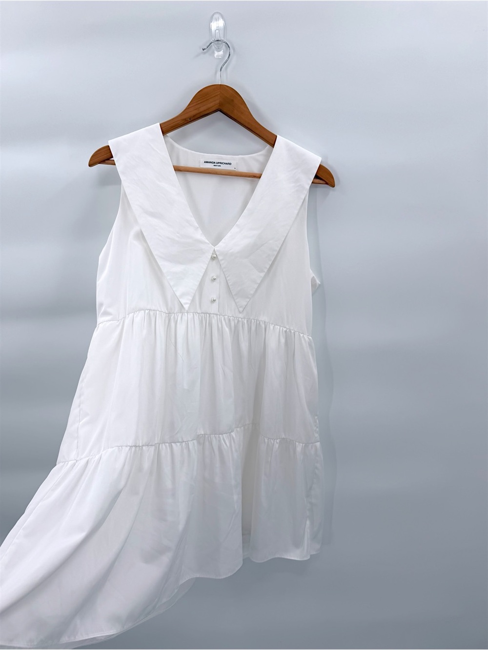 Amanda Uprichard White Tiered Mini Dress M Oversized Collar Babydoll Coastal - Picture 5 of 12